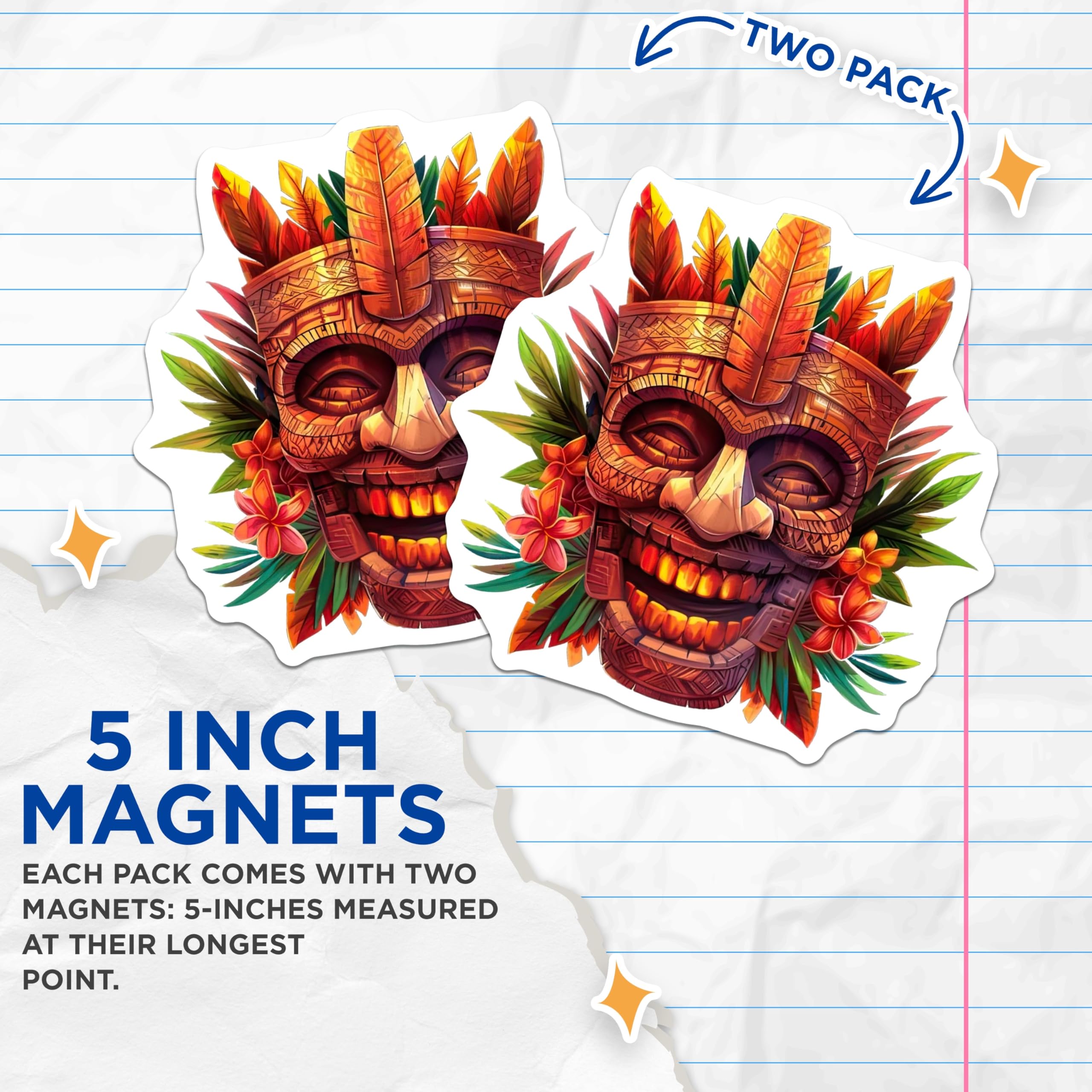 (2 Pack) Tiki Mask Magnets - Polynesian Carved Art - Tropical Island Home Accent - Exotic Refrigerator Decor - 5 Inches On Longest Side - Thick Durable Magnet - Made in USA - MAG20730