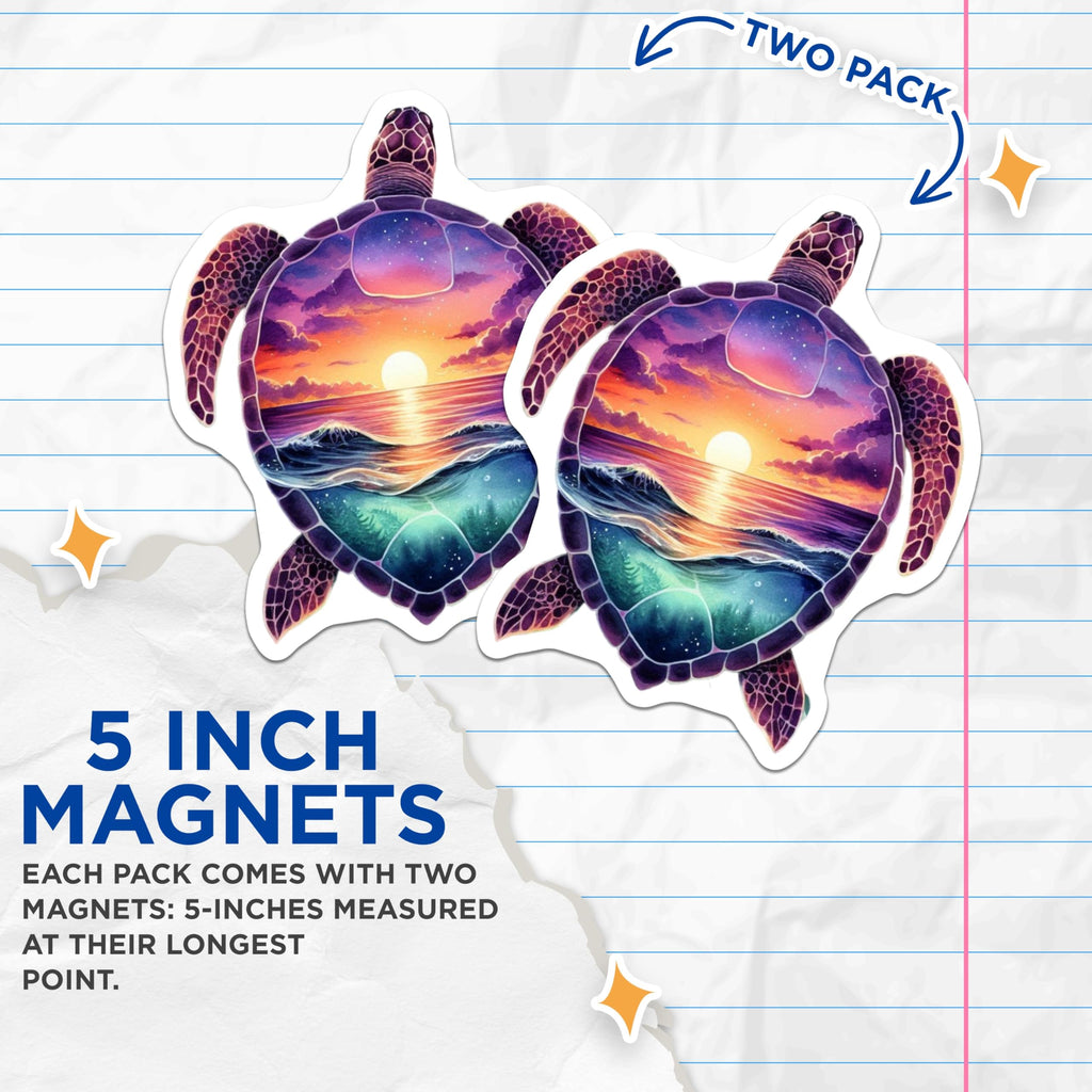 (2 Pack) Sea Turtle Magnets - Vibrant Ocean Sunset - Coastal Marine Life Decor - Mystical Beach Art - Celestial Turtle Shell - 5 Inches On Longest Side - Thick Durable Magnet - Made in USA - MAG22453