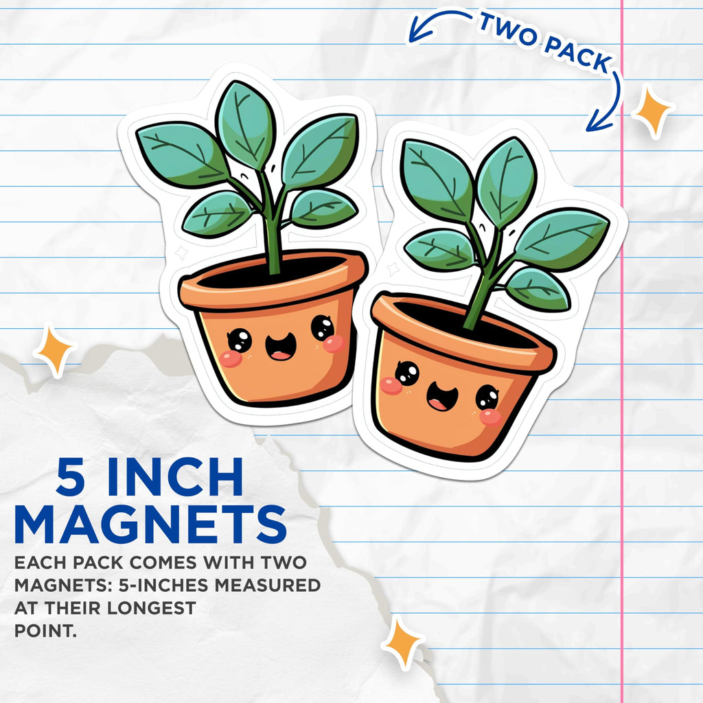 (2 Pack) Cute Plant Pot Magnets - Happy Plant Fridge - Kawaii Potted Plant Kitchen Magnets - Adorable Plant - 5" On Longest Side - for Cars, Fridges, Toolboxes - Made in USA - MAG4272