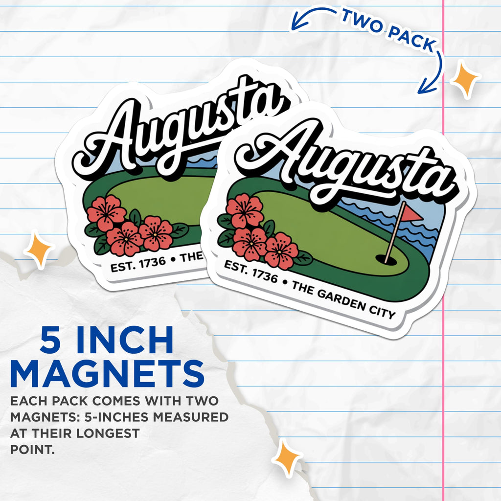 (2 Pack) Augusta Georgia Magnets - Iconic Golf Course Souvenir - Azalea Garden City Decor - Southern Charm Collectible - 5 Inches On Longest Side - Thick Durable Magnet - Made in USA - MAG19348