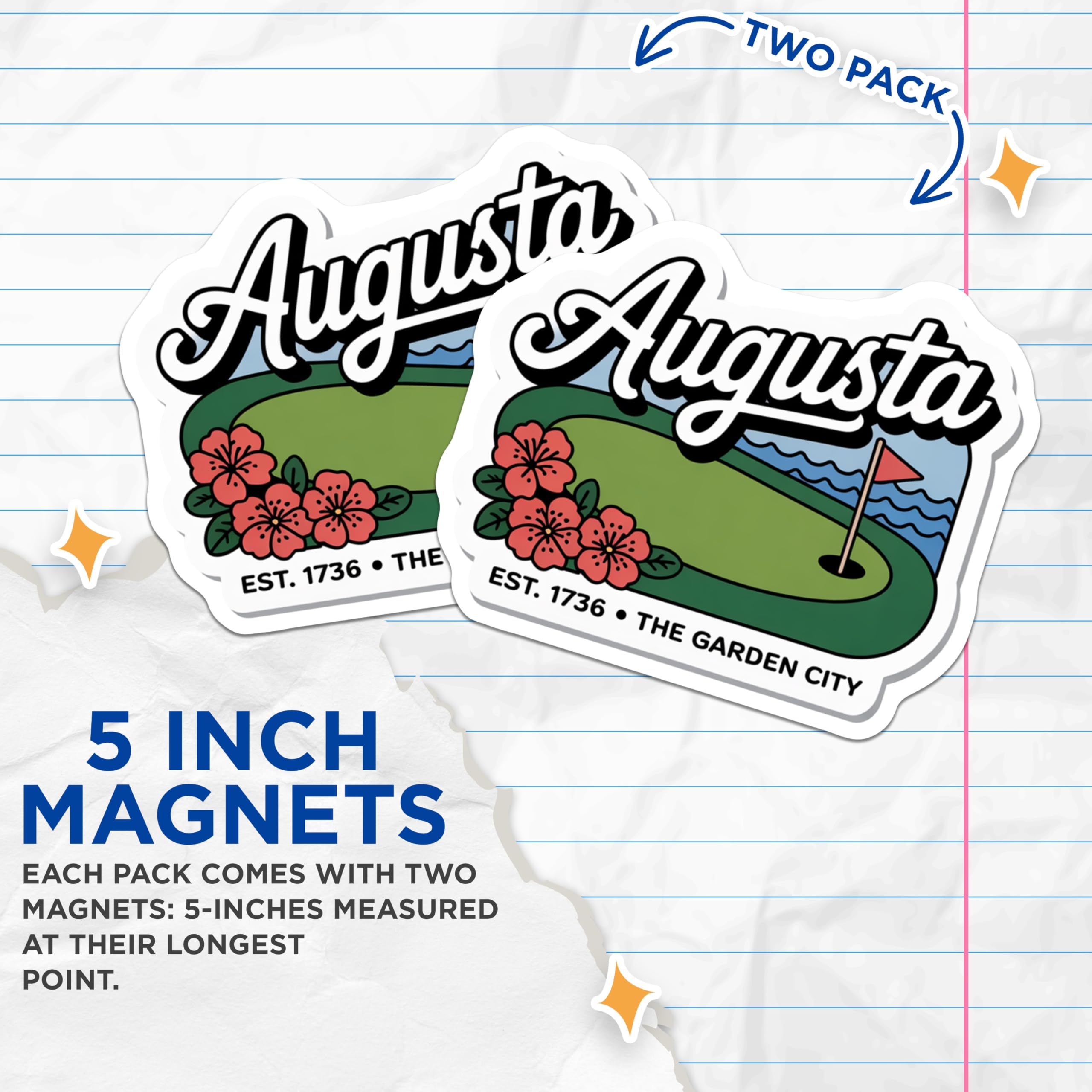 (2 Pack) Augusta Georgia Magnets - Iconic Golf Course Souvenir - Azalea Garden City Decor - Southern Charm Collectible - 5 Inches On Longest Side - Thick Durable Magnet - Made in USA - MAG19348
