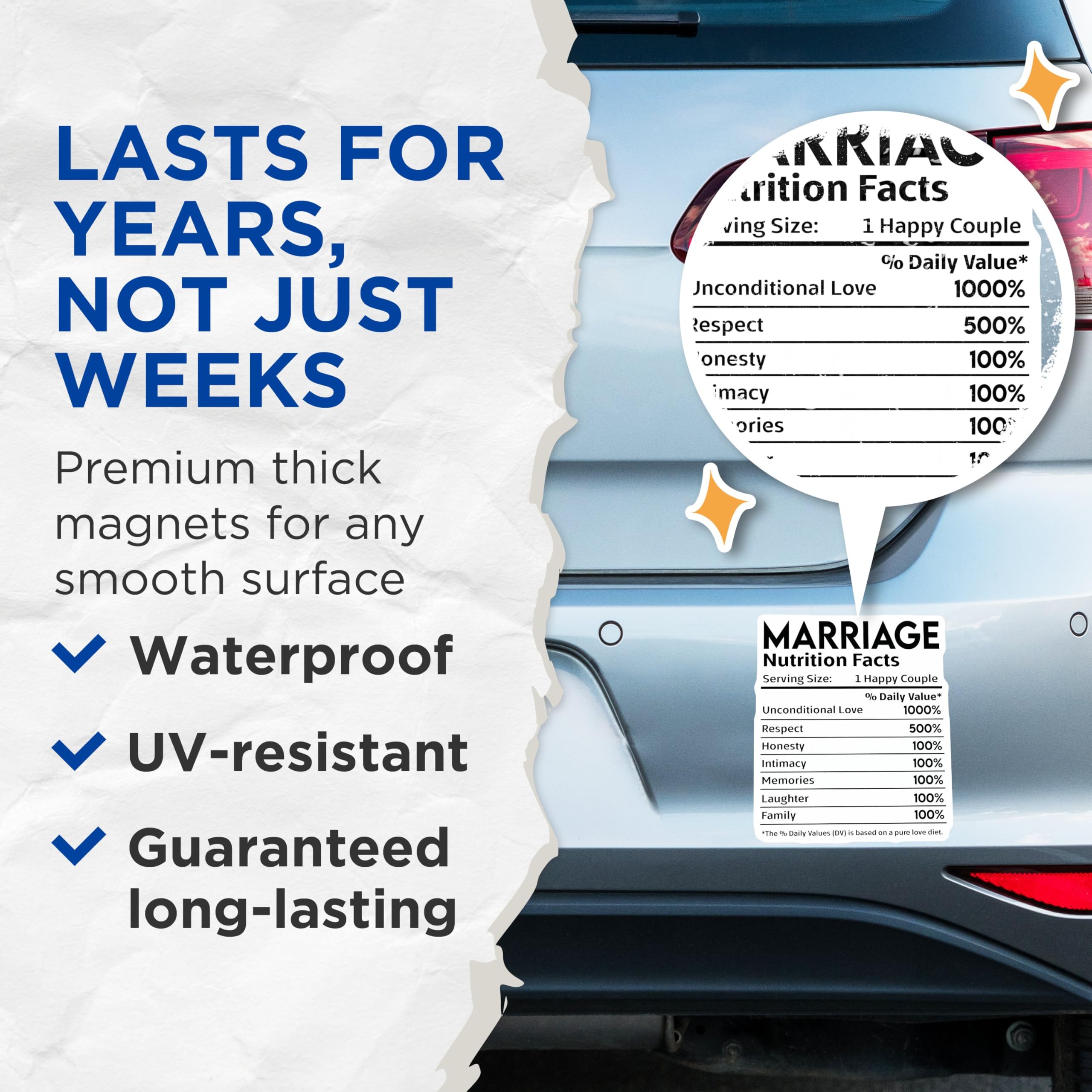 (2 Pack) Marriage Nutrition Facts Magnets - Love - Relationship - Fun Marriage Facts - 5" On Longest Side - for Cars, Fridges, Toolboxes - Made in USA - MAG4139