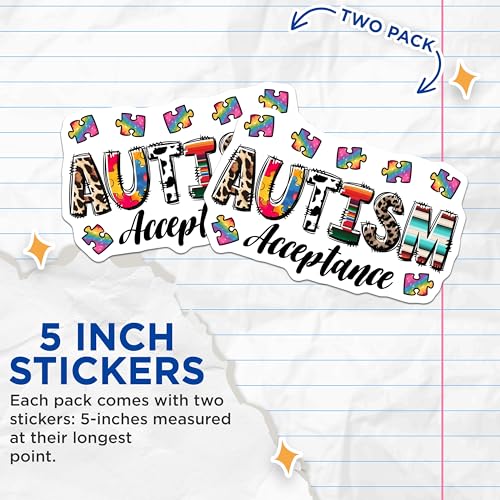 (2 Pack) Autism Acceptance Stickers - Rainbow Puzzle Design - Inspirational Stickers for Awareness - 5" On Longest Side - Sticks to Smooth Flat Surfaces - Made in USA - BMCS9705