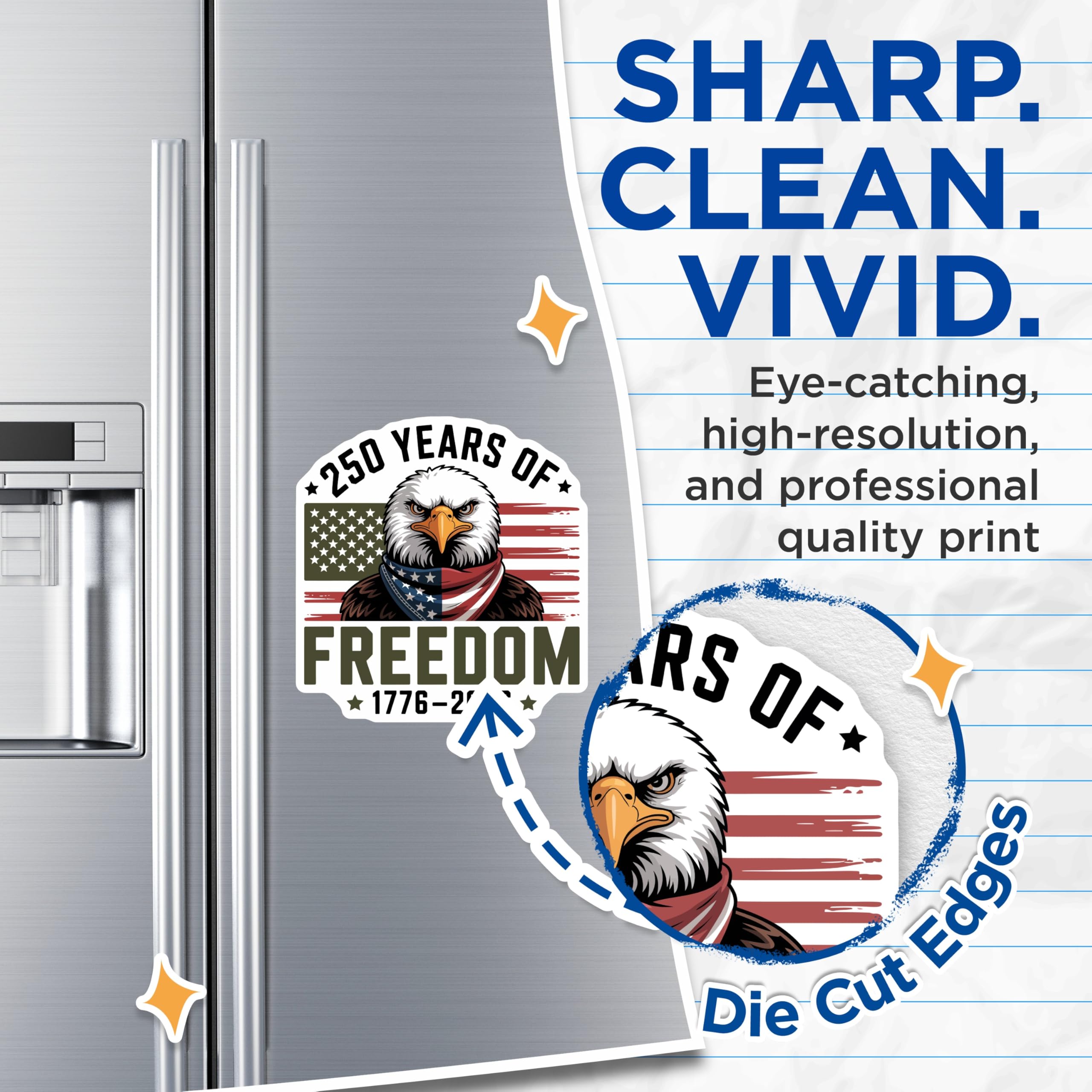 (2 Pack) 250 Years of Freedom Magnets - Bald Eagle Patriotism - USA Bicentennial Decor 1776-2026 - 5 Inches On Longest Side - Thick Durable Magnet - Made in USA - MAG21066