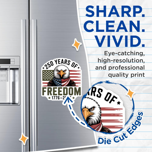 (2 Pack) 250 Years of Freedom Magnets - Bald Eagle Patriotism - USA Bicentennial Decor 1776-2026 - 5 Inches On Longest Side - Thick Durable Magnet - Made in USA - MAG21066