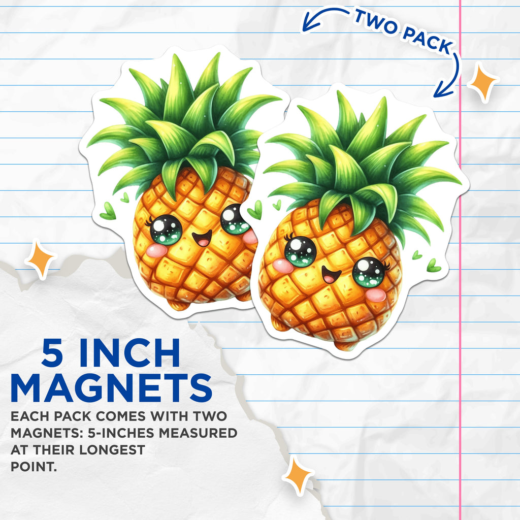(2 Pack) Kawaii Pineapple Magnets - Cute Refrigerator Decor - Tropical Fruit Lover - Locker Office Memo Board - 5 Inches On Longest Side - Thick Durable Magnet - Made in USA - MAG36984