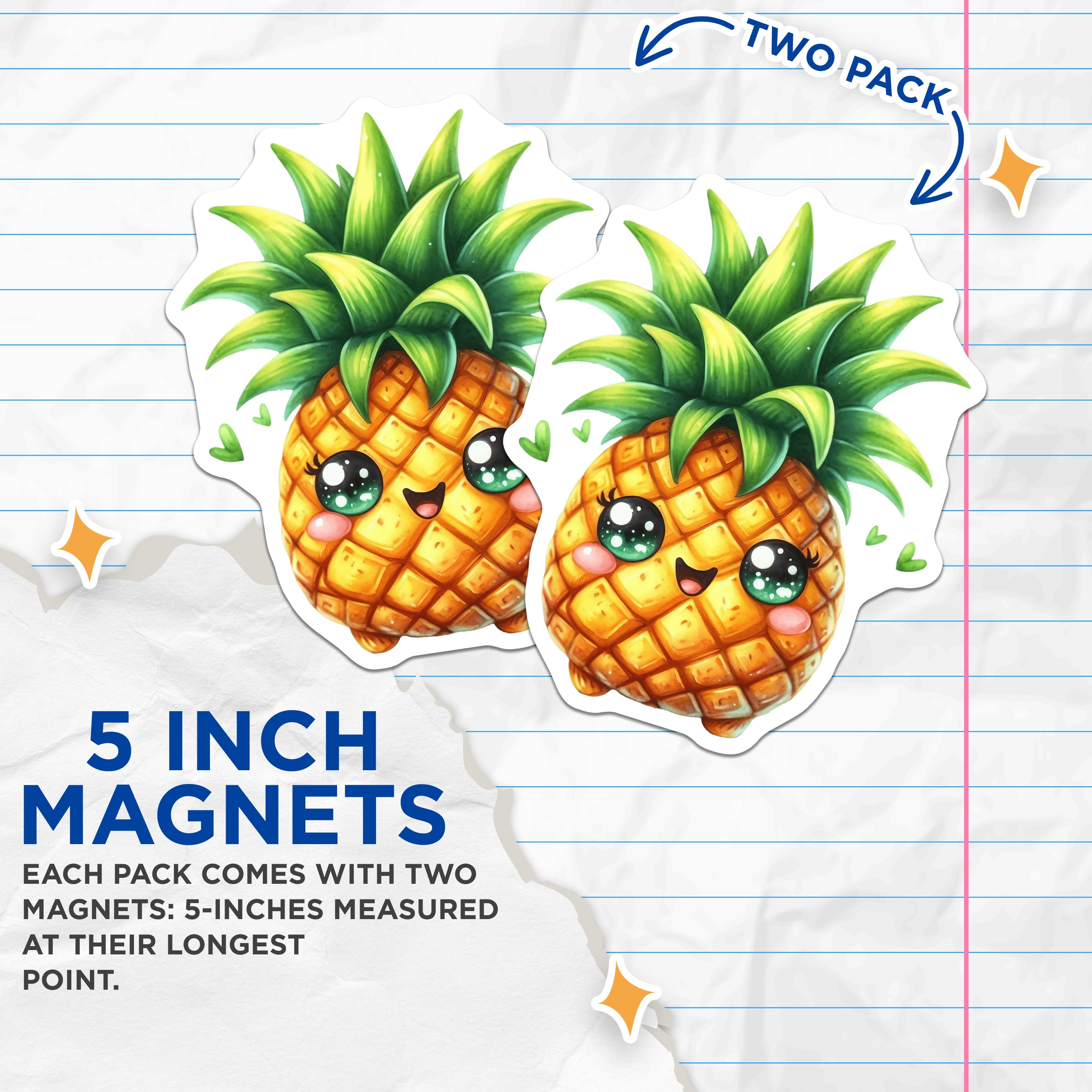 (2 Pack) Kawaii Pineapple Magnets - Cute Refrigerator Decor - Tropical Fruit Lover - Locker Office Memo Board - 5 Inches On Longest Side - Thick Durable Magnet - Made in USA - MAG36984