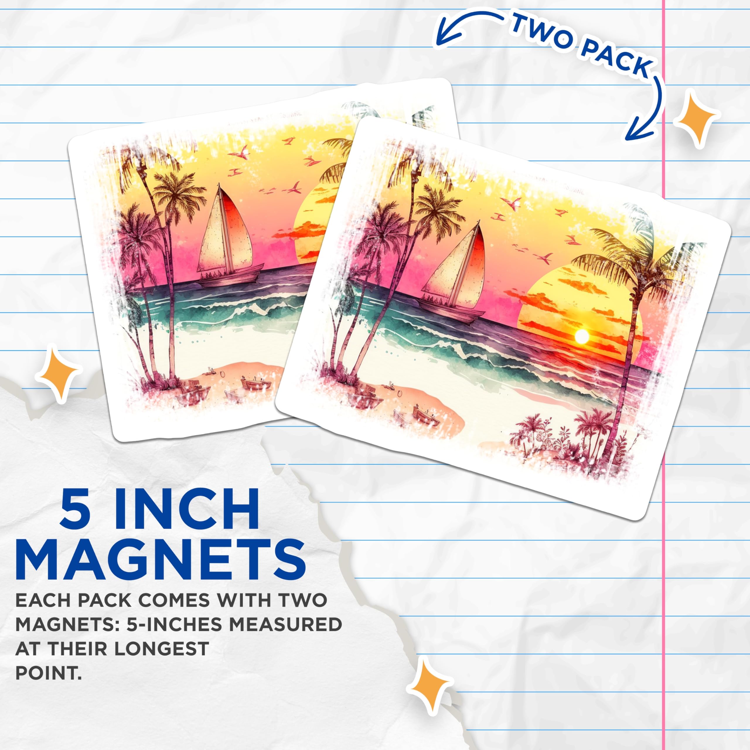 (2 Pack) Tropical Sunset Beach Magnets - Coastal Ocean Decor - Palm Tree Sailboat Art - 5 Inches On Longest Side - Thick Durable Magnet - Made in USA - MAG27136