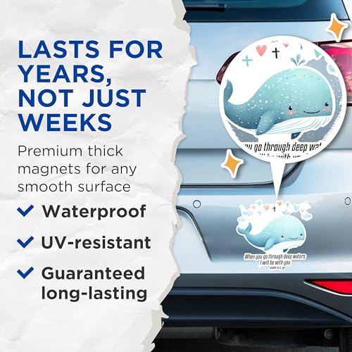 (2 Pack) Whale Scripture Magnets - Inspirational Whale Art Magnets - Isaiah 43:2 Quotes Magnets- 5" On Longest Side - for Fridges, Toolboxes, Cars - Made in USA - MAG2837