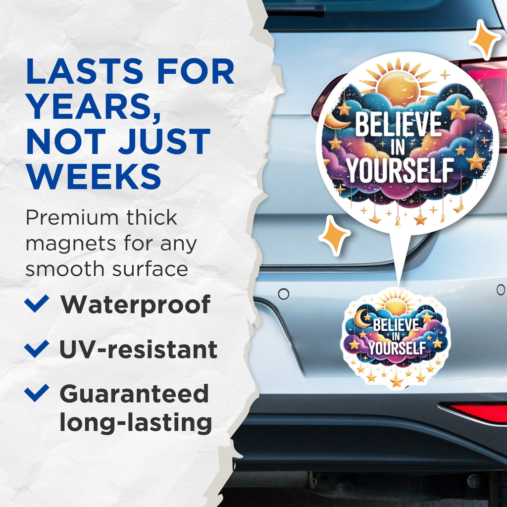(2 Pack) Believe in Yourself Magnets - Motivational Affirmation - Celestial Dream Decor - Self Care Reminder - 5 Inches On Longest Side - Thick Durable Magnet - Made in USA - MAG38399