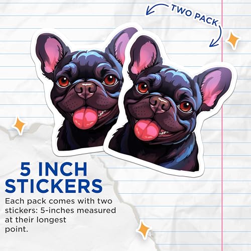 (2 Pack) French Bulldog Stickers - Cute Dog Stickers - Pet Lover Stickers - 5" On Longest Side - Sticks to Smooth Flat Surfaces - Made in USA - BMCS3938