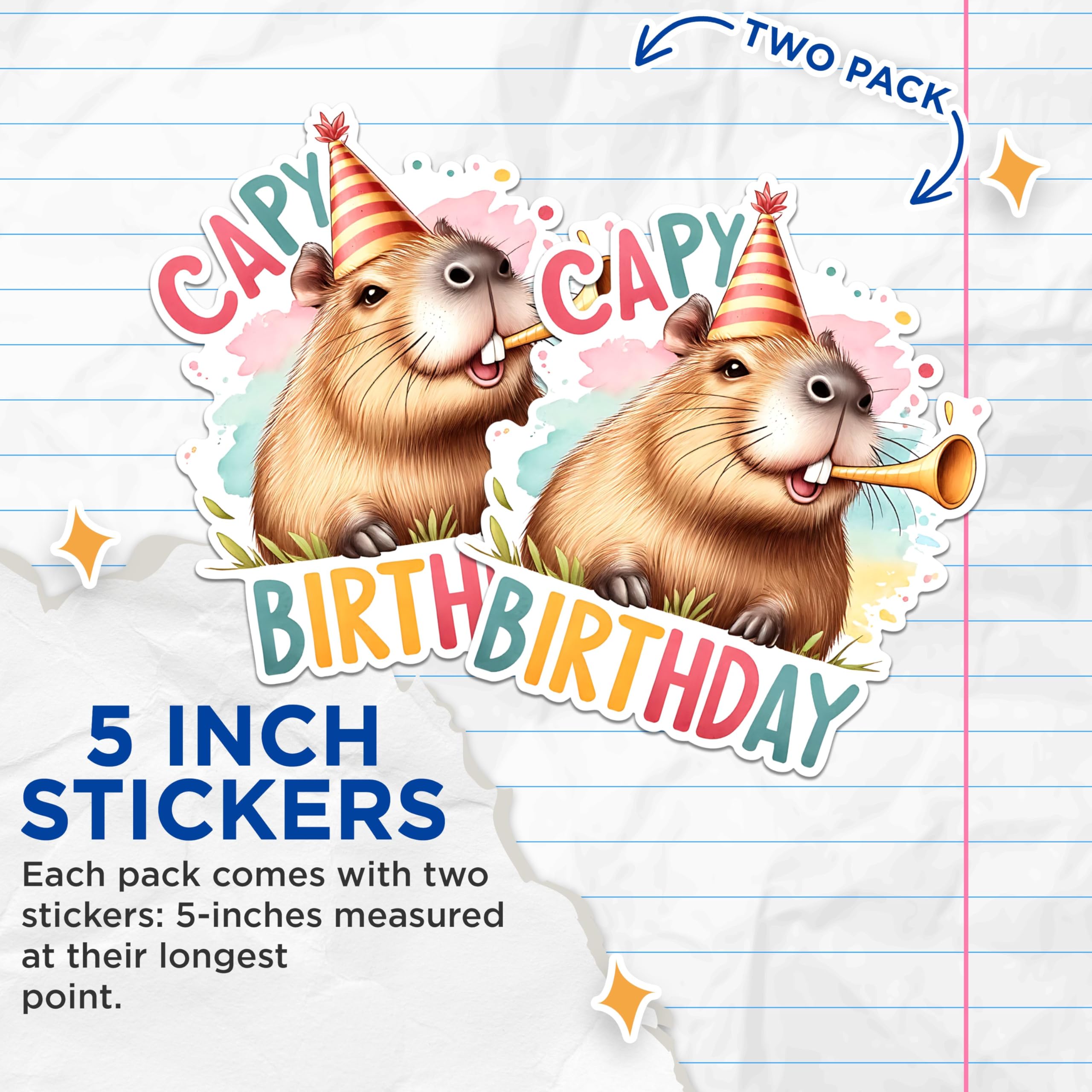 (2 Pack) Capybara Birthday Stickers - Funny Animal Party Stickers - Birthday Celebration Stickers - 5" On Longest Side - Sticks to Any Smooth Flat Surface - Made in USA - BMCS2673