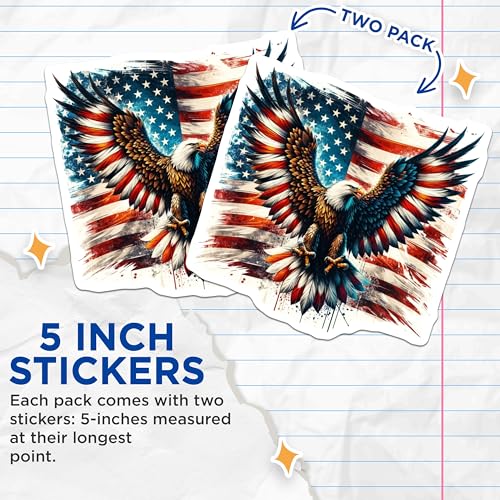 (2 Pack) Patriotic Eagle Stickers - American Flag - Bald Eagle Stickers - USA Pride - Military Veteran Support - 5" On Longest Side - Sticks to Smooth Flat Surfaces - Made in USA - BMCS6953