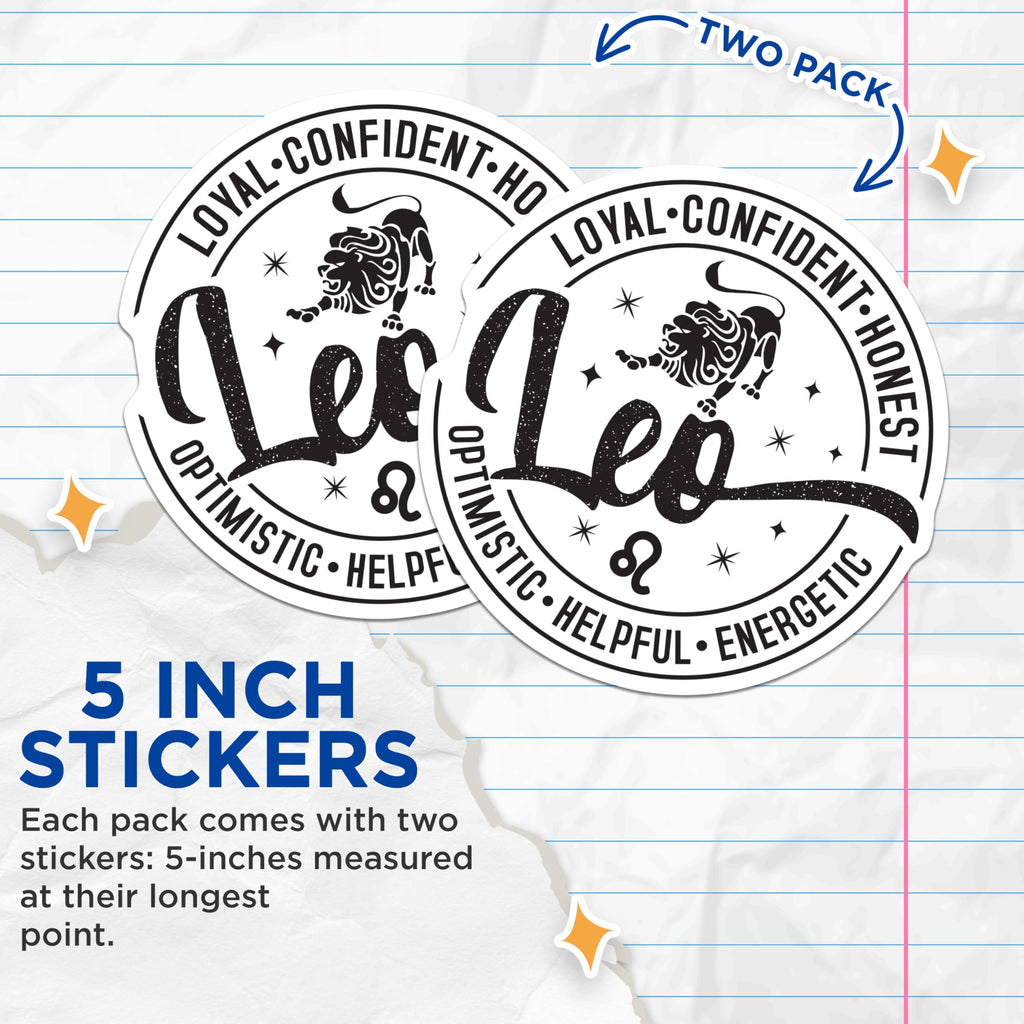 (2 Pack) Leo Zodiac Sign Stickers - Astrological Leo - Horoscope Star Sign - Zodiac Enthusiast - Leo Pride - 5" On Longest Side - Sticks to Smooth Flat Surfaces - Made in USA - BMCS5139