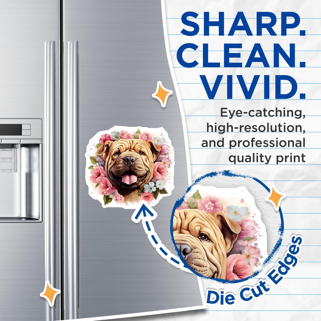 (2 Pack) Shar Pei Dog Magnets - Cute Floral Pet Lover - Dog Mom Refrigerator Decor - 5 Inches On Longest Side - Thick Durable Magnet - Made in USA - MAG27500