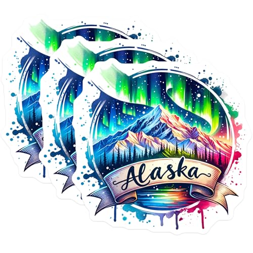 (3 Pack) Alaska Decals - Northern Lights Sticker - Mountain Adventure Stickers - 3 Inches On Longest Side - Easy Peel & Apply - Made in USA - 3MCS6033