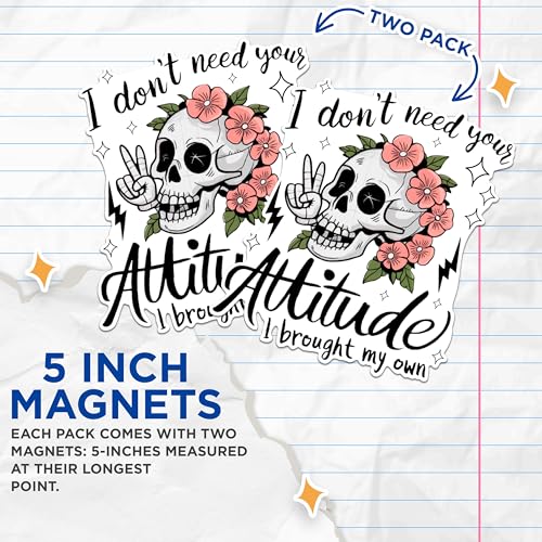 (2 Pack) Skull Attitude Magnets - Funny Floral Skull Magnets - Inspirational Quote Magnets- 5" On Longest Side - for Fridges, Toolboxes, Cars - Made in USA - MAG2556