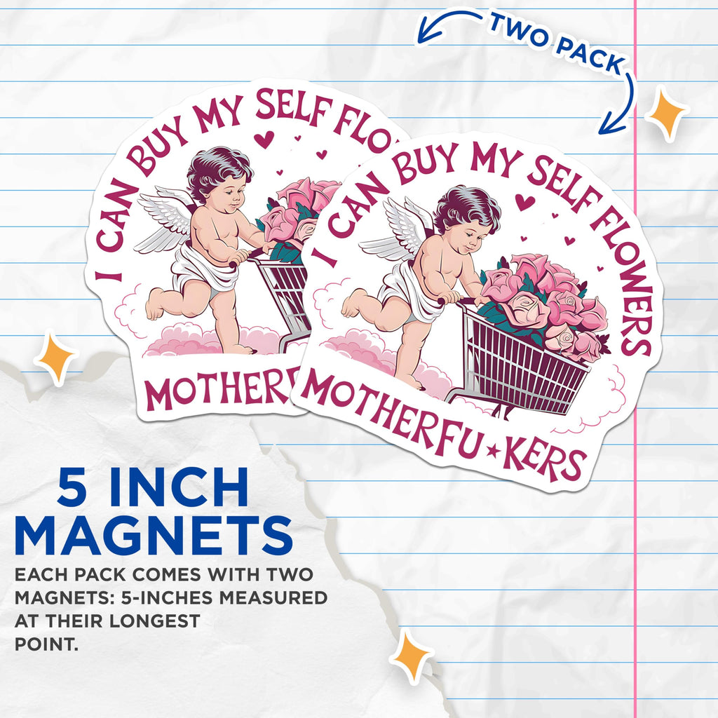 (2 Pack) Funny Angel Magnets - Self-Love Flower Cart Magnets - Cute Cherub Magnets for Fridge or Locker - 5" On Longest Side - for Cars, Refrigerators, Toolboxes, Lockers - Made in USA BMCS3496