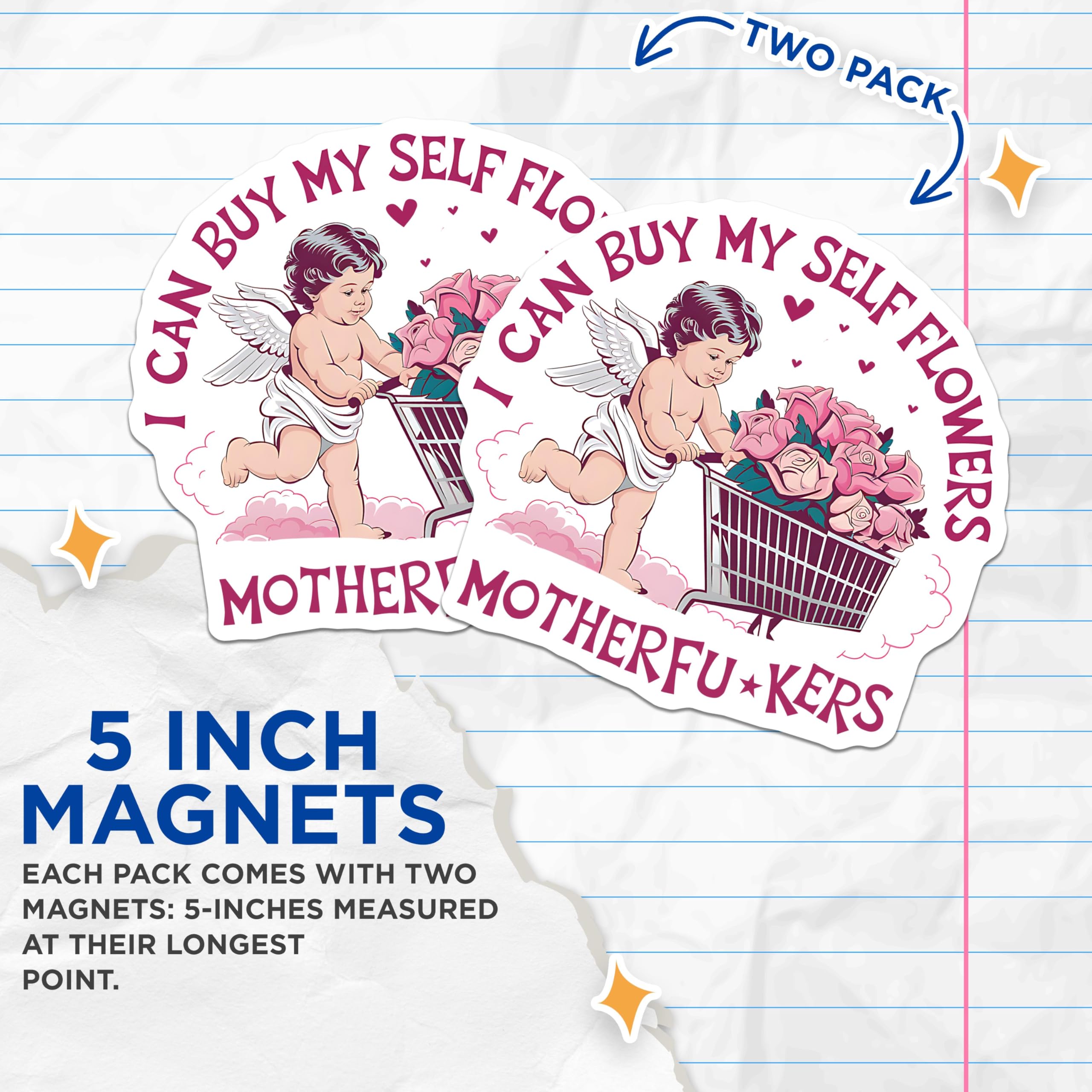 (2 Pack) Funny Angel Magnets - Self-Love Flower Cart Magnets - Cute Cherub Magnets for Fridge or Locker - 5" On Longest Side - for Cars, Refrigerators, Toolboxes, Lockers - Made in USA BMCS3496