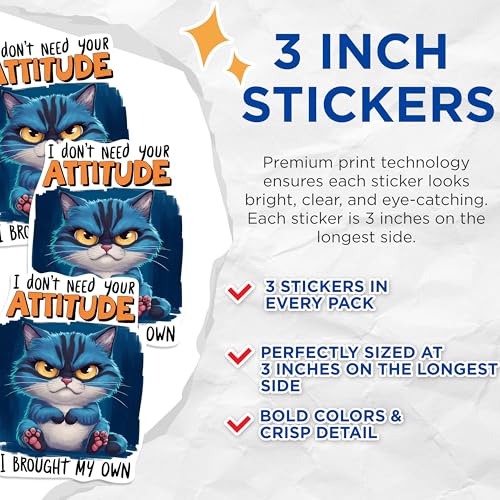 (3 Pack) Attitude Cat Decals - Funny Cat Quote - Sarcastic Feline Laptop Decals - 3 Inches On Longest Side - Easy Peel & Apply - Made in USA - 3MCS0925