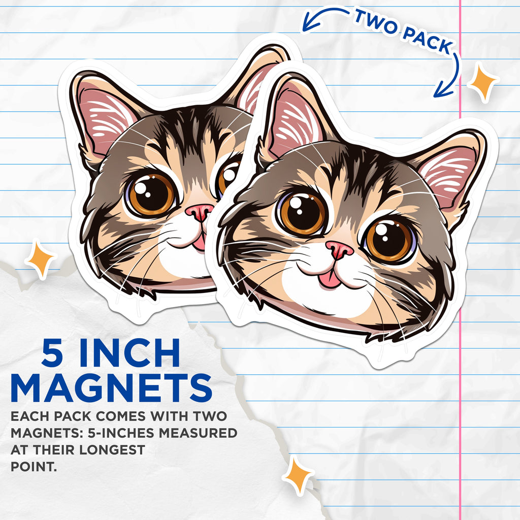 (2 Pack) Cute Cat Face Magnets - Pet Lover Decor - Kawaii Kitty Present - 5 Inches On Longest Side - Thick Durable Magnet - Made in USA - MAG39891