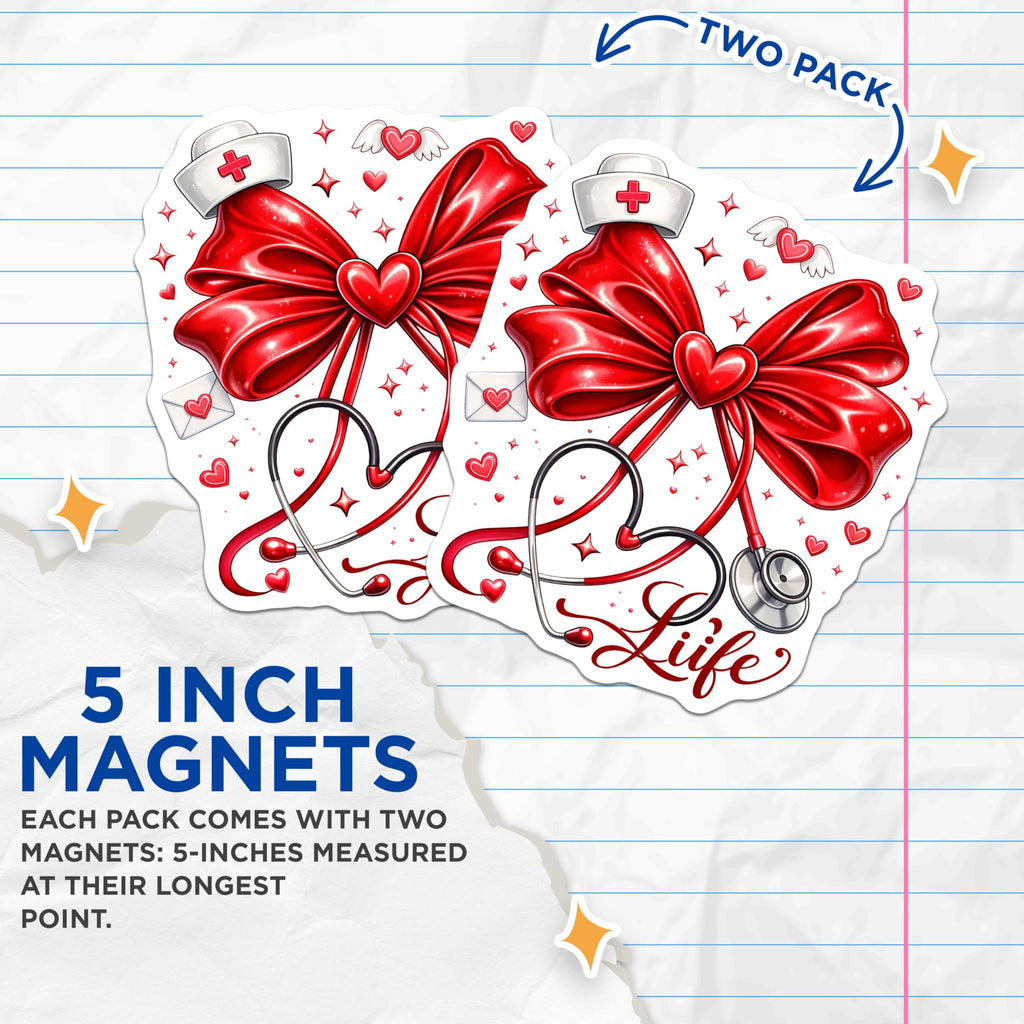(2 Pack) Nurse Life Magnets - Stethoscope Heart Red Bow - Medical Professional Appreciation Decor - RN LPN Gifts - 5 Inches On Longest Side - Thick Durable Magnet - Made in USA - MAG22846