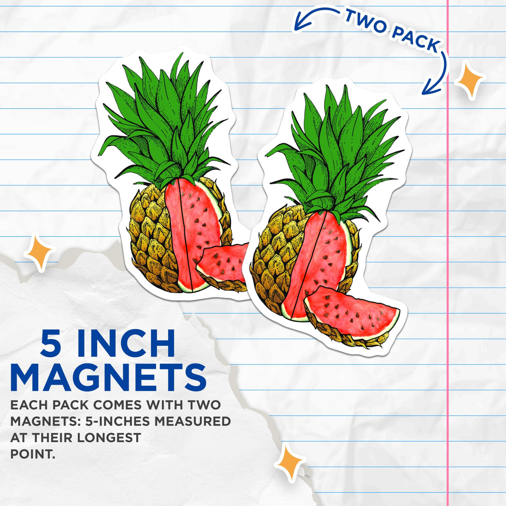 (2 Pack) Pineapple Watermelon Magnets - Fruit Magnets - Kitchen Decor Magnets - 5" On Longest Side - Premium Magnet - for Cars, Refrigerators, Toolboxes, Lockers - Made in USA - MAG16518