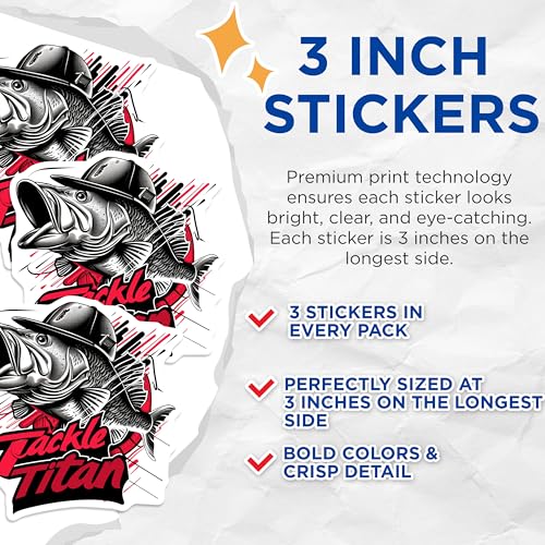 (3 Pack) Bass Fish Decals - Fishing Stickers - Tackle Titan Decals - 3 Inches On Longest Side - Easy Peel & Apply - Made in USA - 3MCS2357
