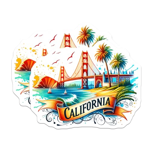 (2 Pack) California Stickers - Golden Gate Bridge - Beach and Palm Trees - 5" On Longest Side - Sticks to Smooth Flat Surfaces - Made in USA - BMCS6890