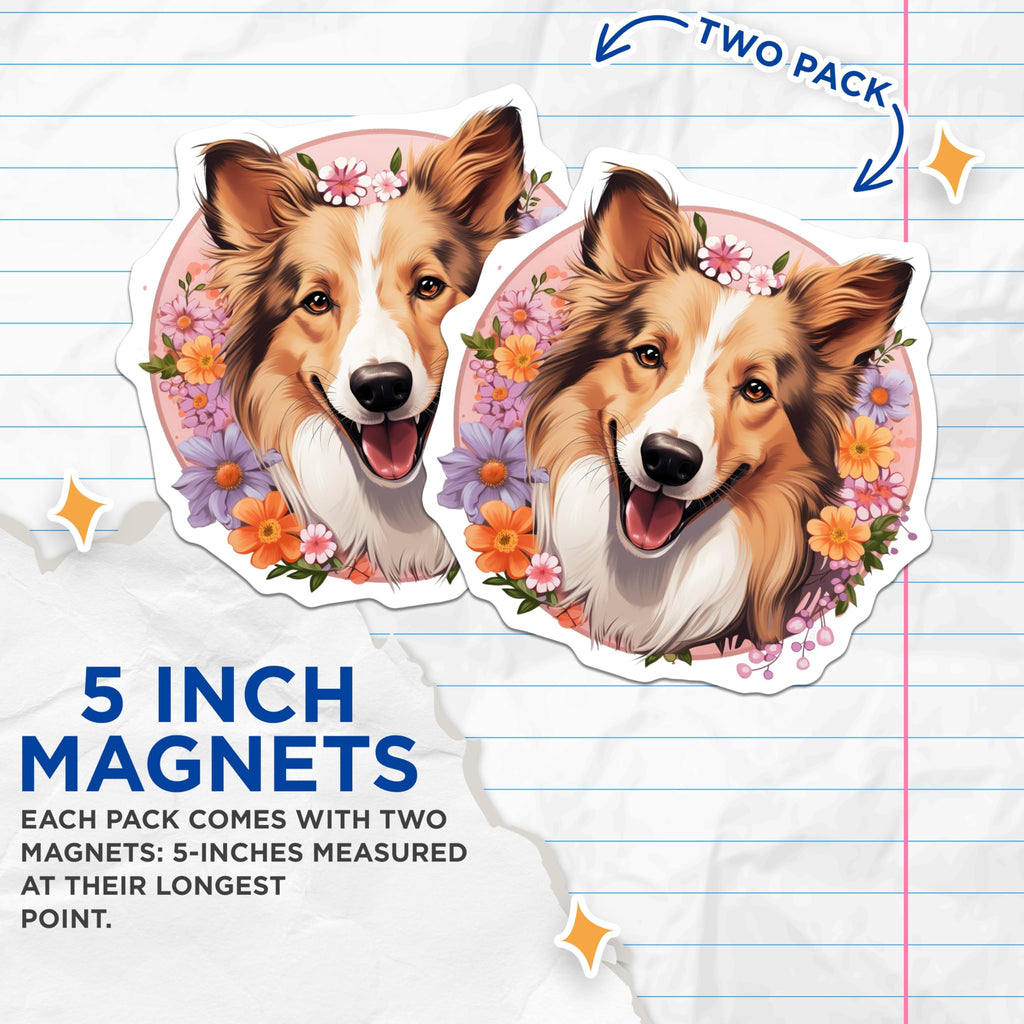 (2 Pack) Sheltie Collie Dog Magnets - Happy Pet Lover Decor - Floral Animal Art Accessory - 5 Inches On Longest Side - Thick Durable Magnet - Made in USA - MAG25553