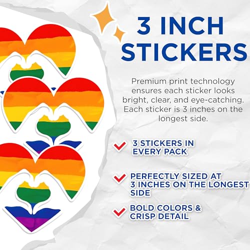 (3 Pack) LGBT Pride Heart Decals - Love Sign - Gay Lesbian Ally Decal - 3 Inches On Longest Side - Easy Peel & Apply - Made in USA - 3MCS1149