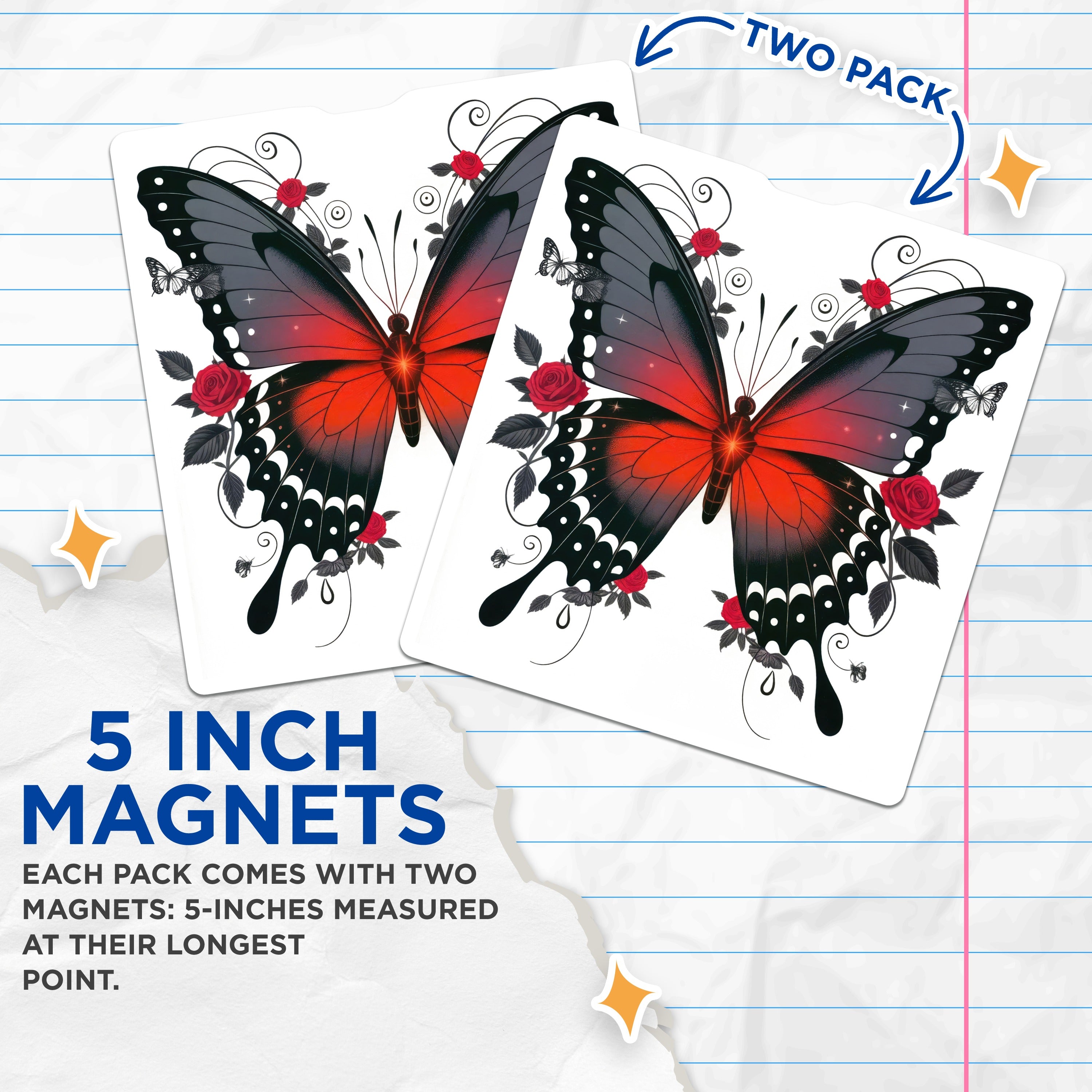 (2 Pack) Gothic Rose Butterfly Magnets - Dark Romantic Aesthetic - Alternative Home Decor - 5 Inches On Longest Side - Thick Durable Magnet - Made in USA - MAG38853
