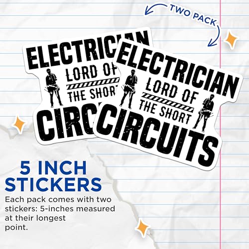 (2 Pack) Electrician Lord of The Short Circuits Stickers - Funny Electrician Quote - Engineering Humor Stickers - 5" On Longest Side - Sticks to Smooth Flat Surfaces - Made in USA - BMCS5726