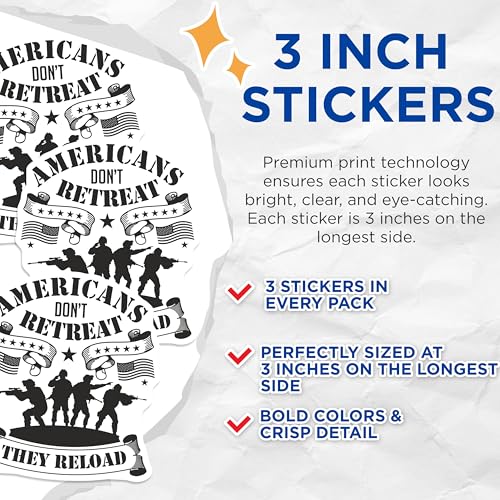 (3 Pack) Americans Dont Retreat Decals - Veteran Quote - Military Silhouette - 3 Inches On Longest Side - Easy Peel & Apply - Made in USA - 3MCS7271