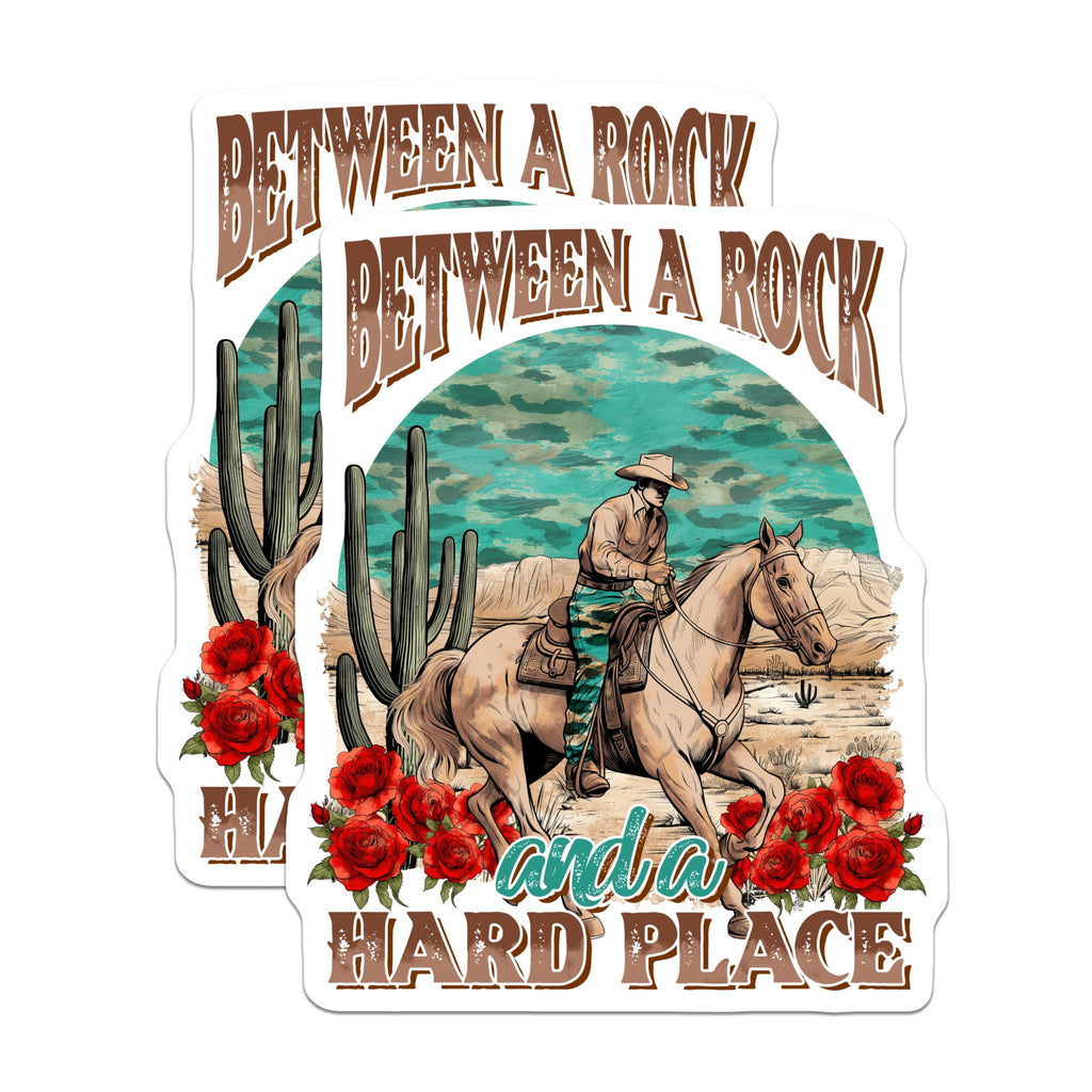 (2 Pack) Between A Rock and A Hard Place Stickers - Cowboy Art Stickers - Western Theme Stickers - 5" On Longest Side - Sticks to Smooth Flat Surfaces - Made in USA - BMCS3764