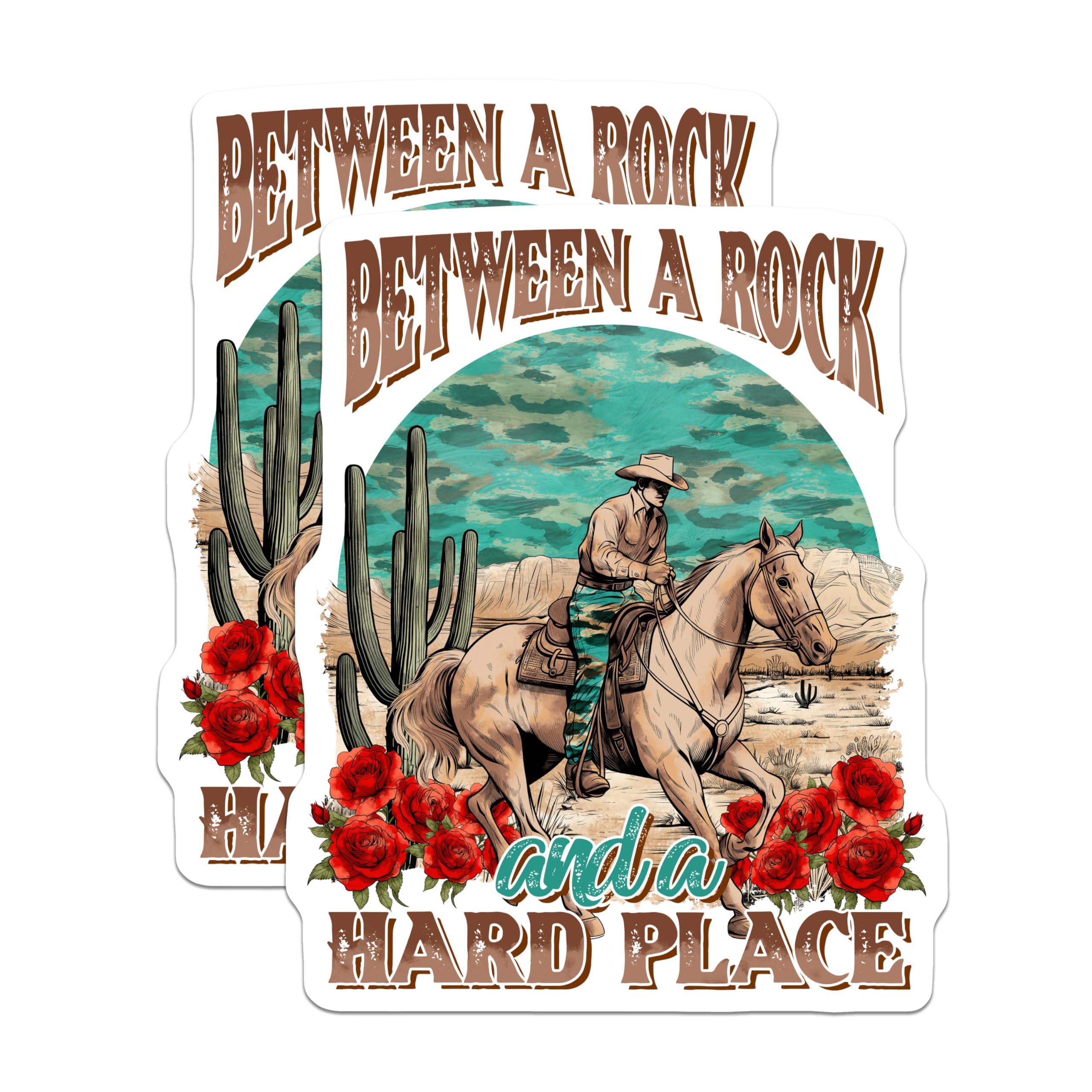(2 Pack) Between A Rock and A Hard Place Stickers - Cowboy Art Stickers - Western Theme Stickers - 5" On Longest Side - Sticks to Smooth Flat Surfaces - Made in USA - BMCS3764
