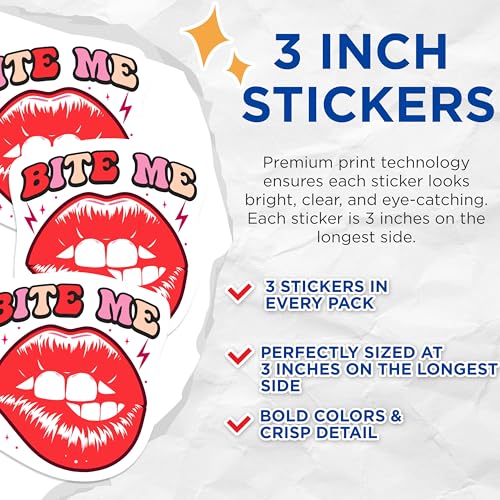 (3 Pack) Bite Me Lips Decals - Sassy Quote Stickers - Laptop Decal - 3 Inches On Longest Side - Easy Peel & Apply - Made in USA - 3MCS1193