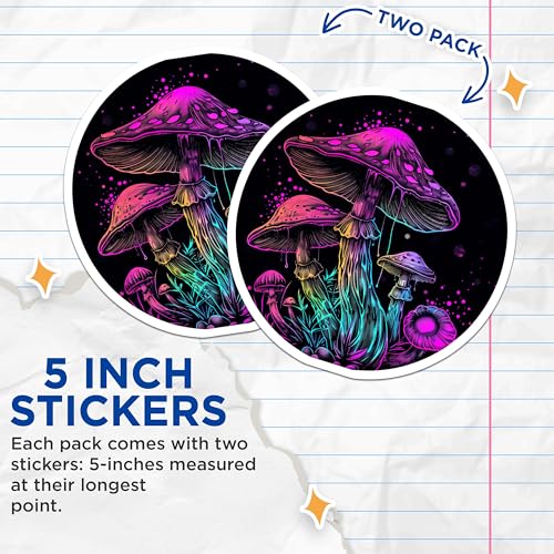 (2 Pack) Neon Mushroom Stickers - Psychedelic Art - Trippy Fungi Decal for Laptops and Notebooks - 5" On Longest Side - Sticks to Smooth Flat Surfaces - Made in USA - BMCS6392