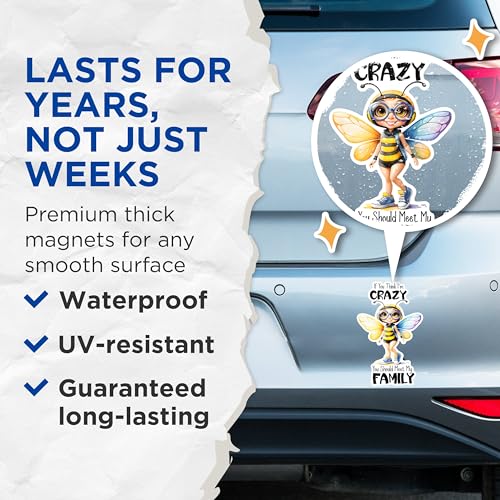 (2 Pack) Crazy You Should Meet My Family Magnets - Funny Family Quote Magnets - Cute Bumblebee Character Magnets- 5" On Longest Side - for Fridges, Toolboxes, Cars - Made in USA - MAG2934