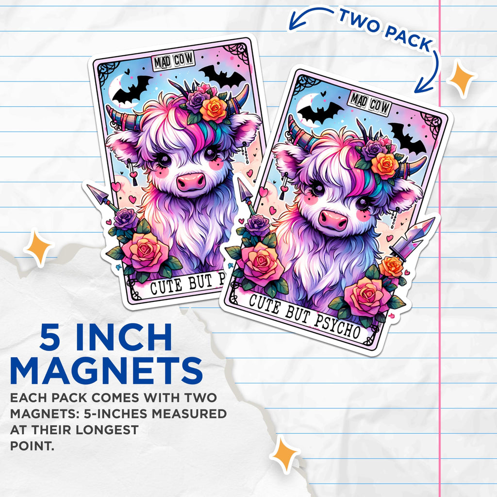 (2 Packs) Cute But Psycho Tarot Card Magnets - Funny Sarcastic Sassy Magnets - 5 Inches On Longest Side - Premium Magnet - for Fridges, Toolboxes, Cars - Made in USA - MAG2509