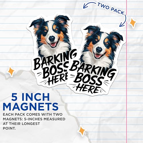 (2 Pack) Barking Boss Here Magnets - Funny Dog Lover - Pet Owner Humor - Dog Breed Magnet - 5" On Longest Side - for Cars, Fridges, Toolboxes - Made in USA - MAG3925