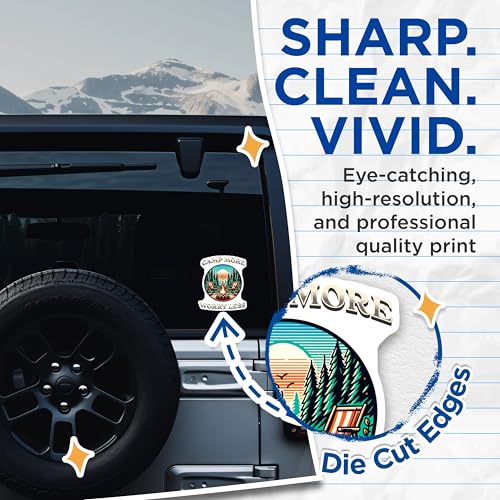 (2 Pack) Camp More Worry Less Stickers - Outdoors Camping Sticker - Adventure Travel Decal - 5" On Longest Side - Sticks to Smooth Flat Surfaces - Made in USA - BMCS6916