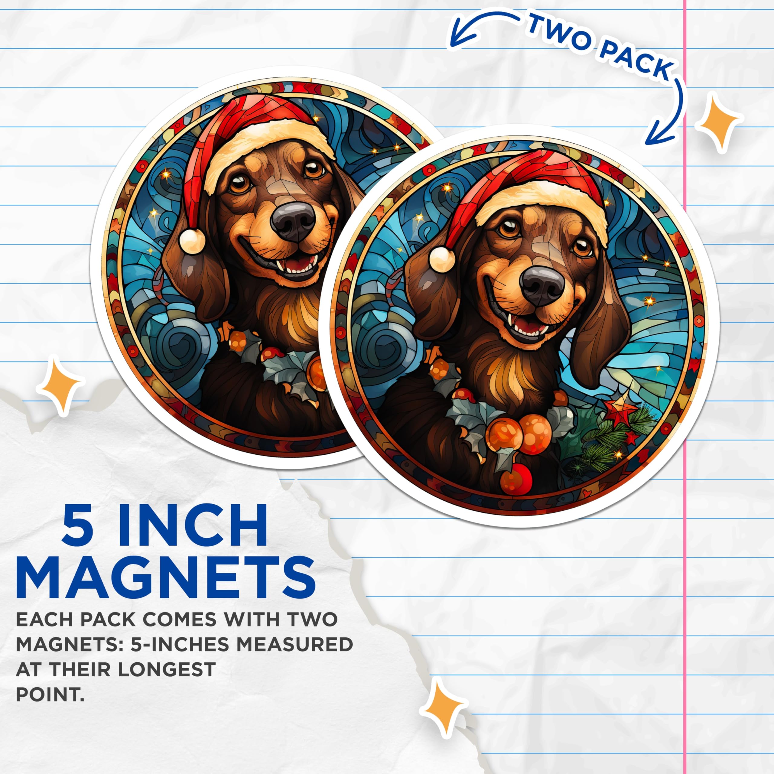 (2 Pack) Christmas Dachshund Magnets - Stained Glass Dog Art - Holiday Pet Owner Decor - 5 Inches On Longest Side - Thick Durable Magnet - Made in USA - MAG26069