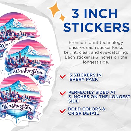 (3 Pack) Washington State Decals - Seattle Skyline - Mount Rainier- 3 Inches On Longest Side - Easy Peel & Apply - Made in USA - 3MCS5925
