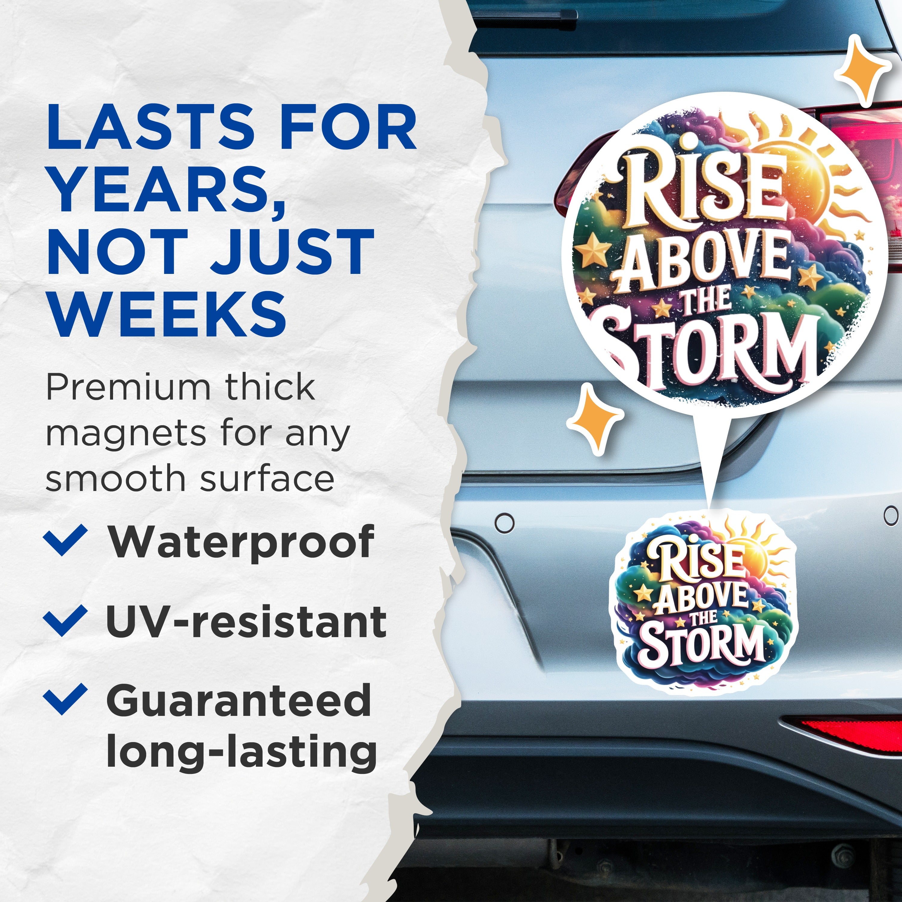 (2 Pack) Rise Above The Storm Magnets - Motivational Quote - Positive Affirmation - Encouragement Decor - Celestial Cloud Art - 5 Inches On Longest Side - Thick Durable Magnet - Made in USA - MAG38600