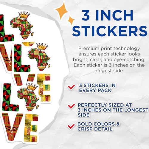 (3 Pack) African Love Decals - Continent with Crown - Kwanzaa Colors Decals - 3 Inches On Longest Side - Easy Peel & Apply - Made in USA - 3MCS6134