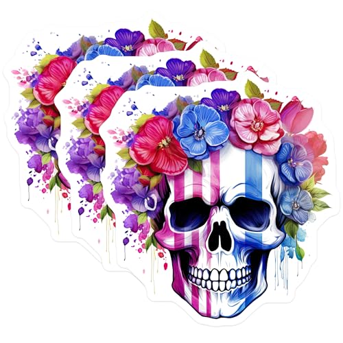 (3 Pack) Floral Skull Decals - Colorful Flower Skull Sticker - Laptop Decal Stickers- 3 Inches On Longest Side - Easy Peel & Apply - Made in USA - 3MCS5892