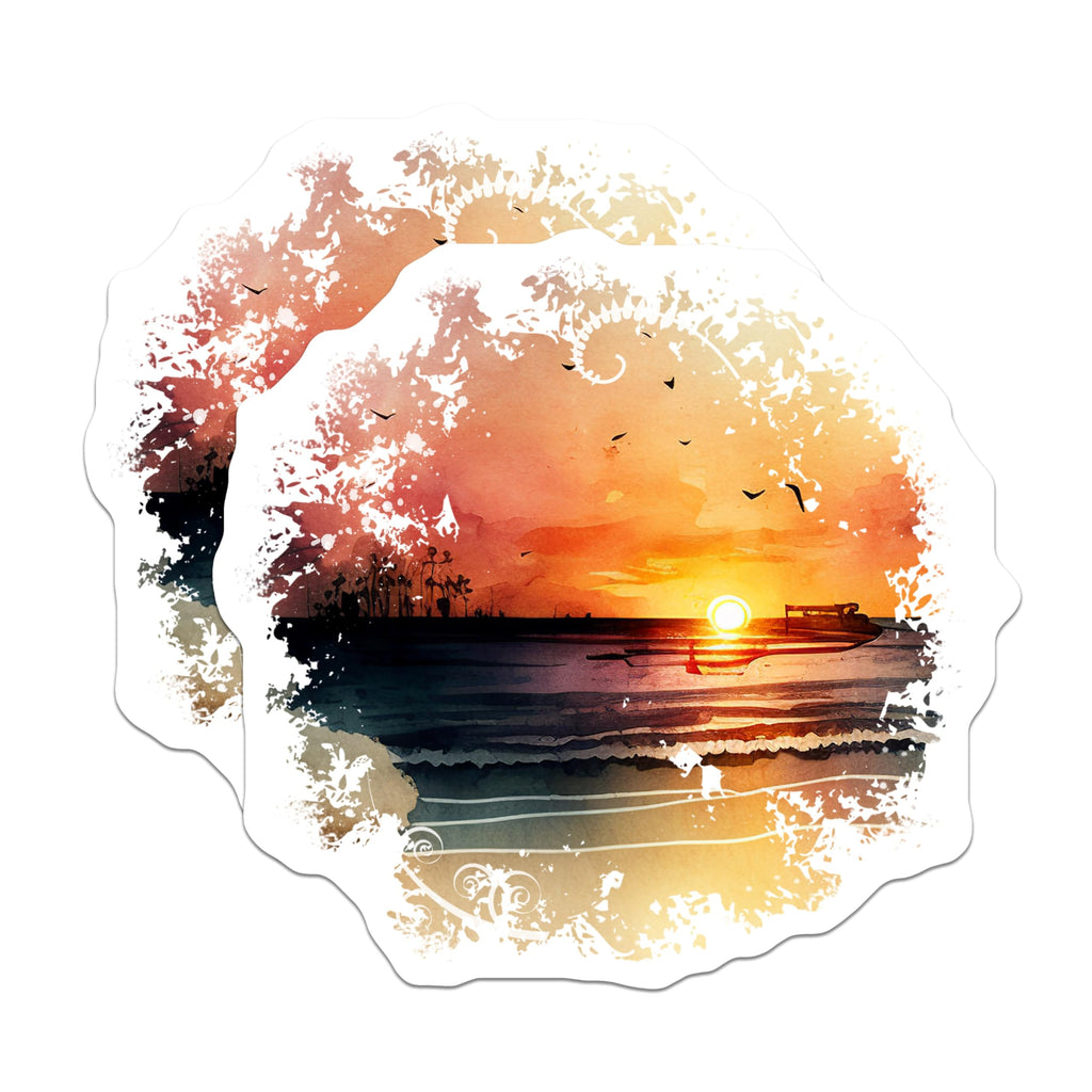 (2 Pack) Sunset Magnets - Watercolor Seascape Art - Tranquil Ocean View Decor - 5 Inches On Longest Side - Thick Durable Magnet - Made in USA - MAG24184