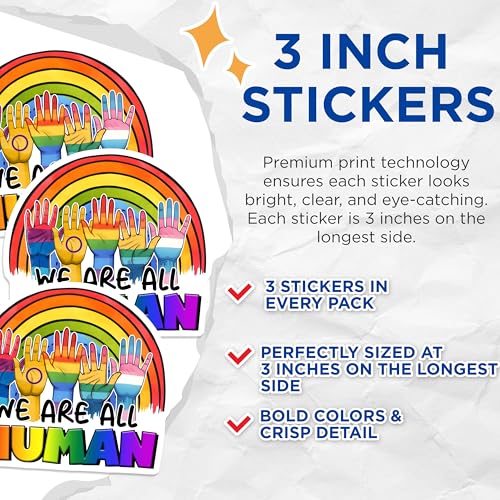 (3 Pack) Pride Month Decals - LGBT Rainbow - Human Rights Decal - 3 Inches On Longest Side - Easy Peel & Apply - Made in USA - 3MCS7033