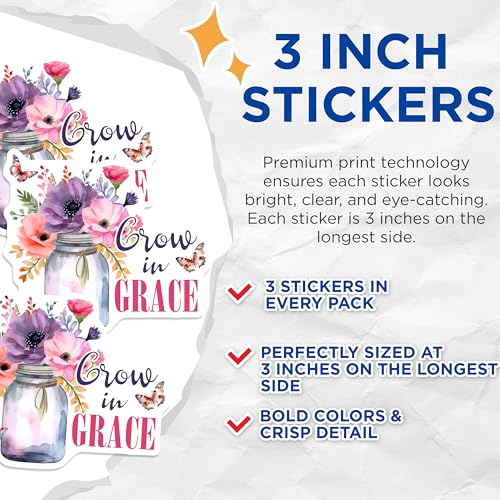(3 Pack) Grow in Grace Decals - Floral Watercolor Decal - Christian Stickers - 3 Inches On Longest Side - Easy Peel & Apply - Made in USA - 3MCS7334